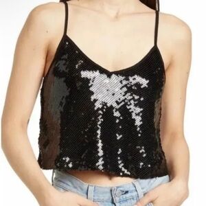 Elodie Black Sequin V-Neck Crop Camisole Tank Top Size Small